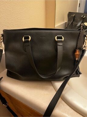 Black Leather Tote Handbag with Gold Hardware